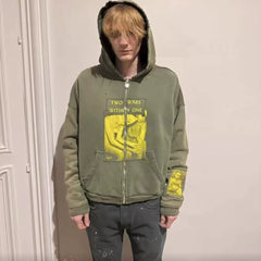 Enfants Riches Déprimés Yellow Graphic Zip-Up Hoodie - Olive Green