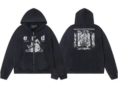 Enfants Riches Déprimés "e-r-d" Logo & Box Print Zip-Up Hoodie - Washed Black