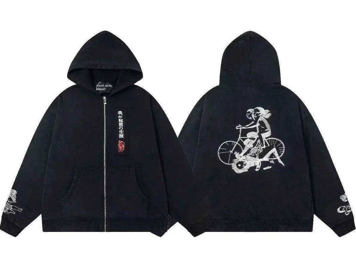 Enfants Riches Déprimés Vertical Japanese Text & Bicycle Art Zip-Up Hoodie - Black