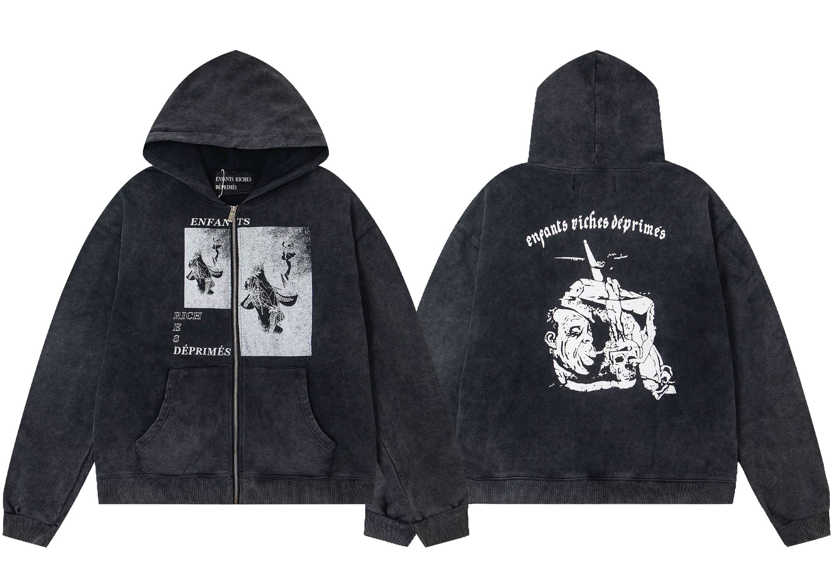 Enfants Riches Déprimés Photo Collage & Deconstructed Character Zip-Up Hoodie - Washed Black